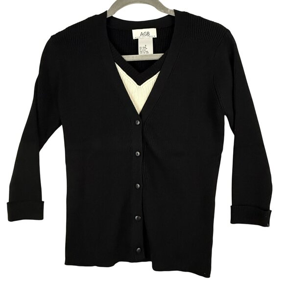 AGB Sweater Women's Medium Black Ribbed Cardigan With Faux Layered V-Neck Top - Picture 1 of 10